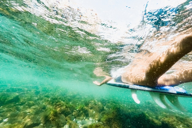 Free photo underwater shot of woman with surfboard