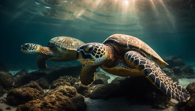 Underwater turtle swimming in idyllic tropical reef generated by AI