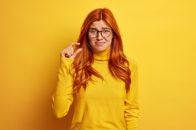 Free Photo unhappy redhead woman makes little gesture demonstrates something tiny dressed in casual jumper.