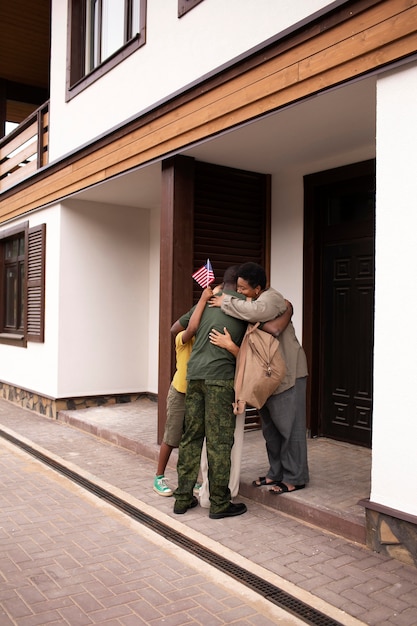 United states soldier departing from his family