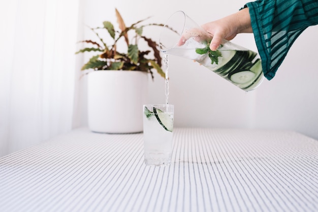 Unrecognizable person pouring refreshing water