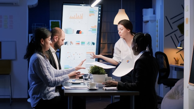 Free Photo upset disappointed businesswoman entering in office meeting room late at night