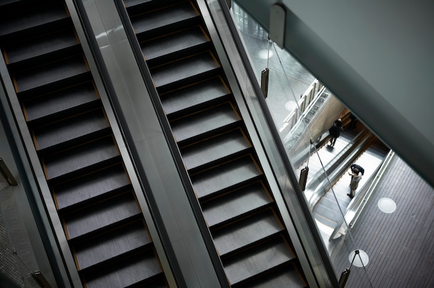 Urban landscape of tokyo city with escalators