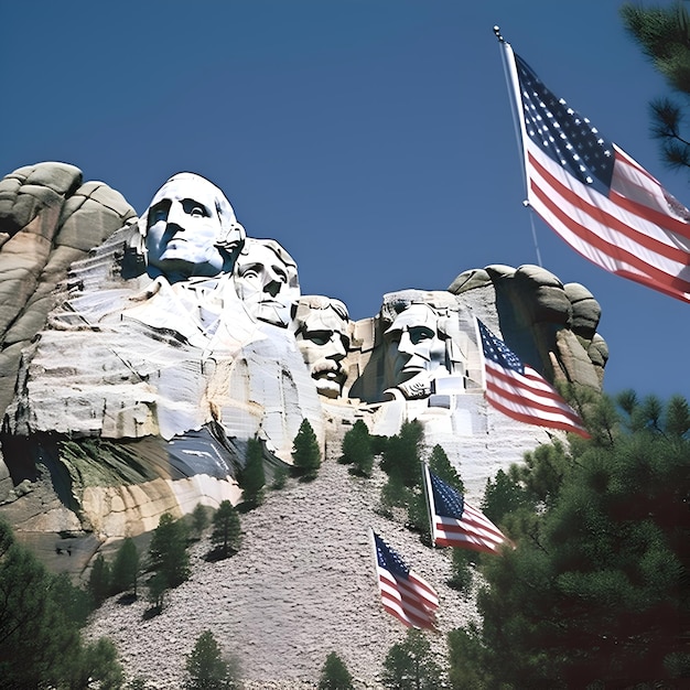 Free photo usa flag and statue of abraham lincoln on the background of rocks