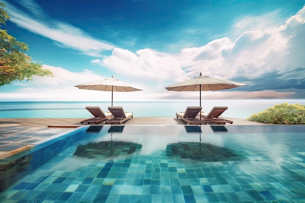 Free photo vacation luxury resort with a swimming pool hammock and umbrellas ai generative