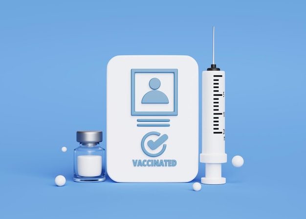 Vaccination passport with Syringe And Vaccine Bottle on blue background 3d illustration cartoon healthcare and medical concept