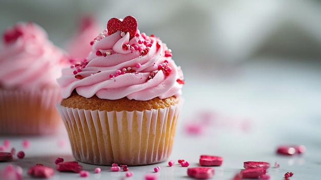 Free photo valentines day cupcake arrangement with pink frosting and heartshaped sprinkles on a white isolate