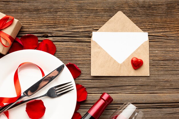 Valentines day dinner assortment with empty envelope