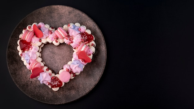 Valentines day heart shaped-cake on plate with copy space