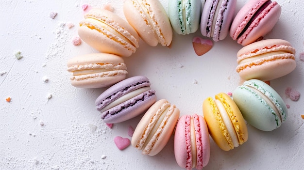 Free photo valentines day postcard with assorted macarons in pastel shades arranged in a heart shape on a pris