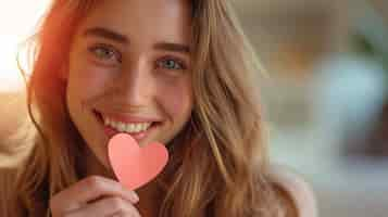 Free photo valentines day postcard with cute girl smiling with small paper heart