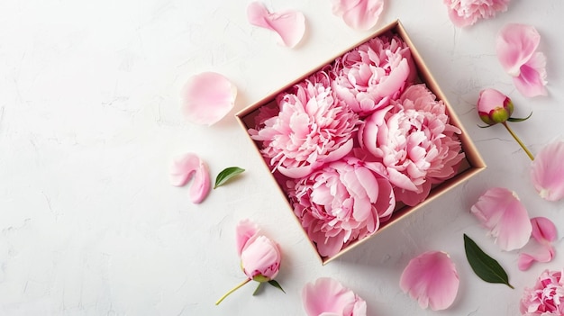 Valentines Day postcard with pink peonies in a box on white background