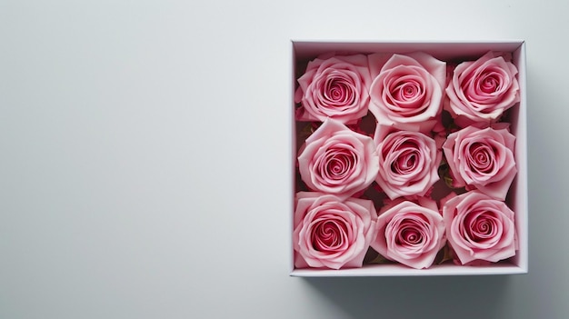 Valentines Day postcard with pink roses in a box on white background