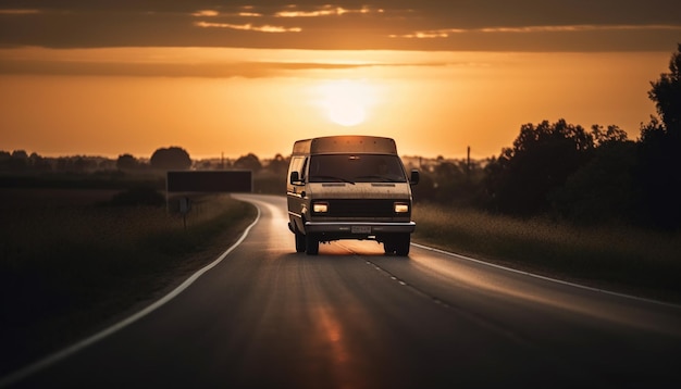 A van driving down a road with the sun setting behind it