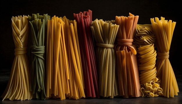 Variation of Italian pasta creates colorful still life generated by AI