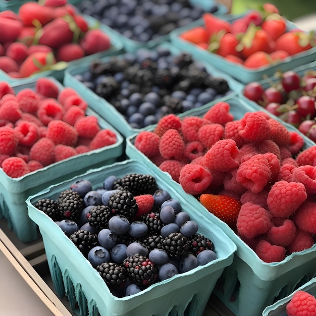 Free photo variety of fresh berries in plastic boxes on table closeup