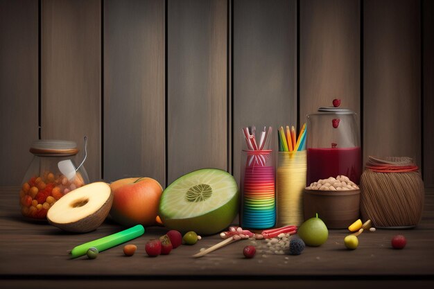 A variety of fruits and vegetables are on a table.