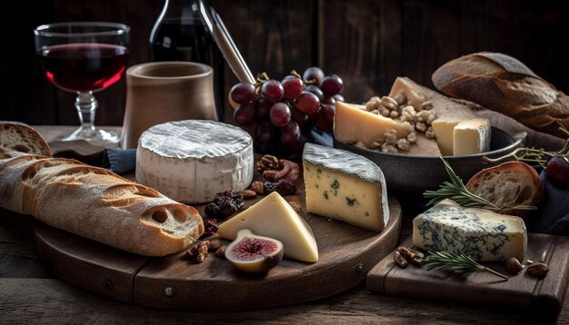 Variety of gourmet cheeses and wine pairing generated by AI