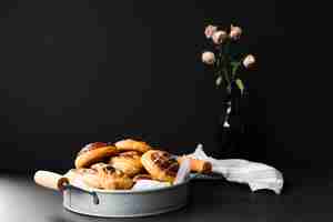 Free photo variety of pain aux raisins in a tray