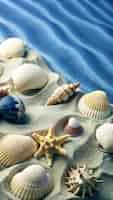 Free photo a variety of seashells and a starfish are arranged on a sandy beach with the blue ocean in the background