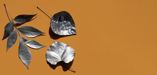 Free photo variety of silver painted leaves and copy space