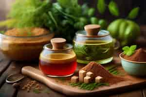 Free photo a variety of spices are on a cutting board with a green vegetable in the background.