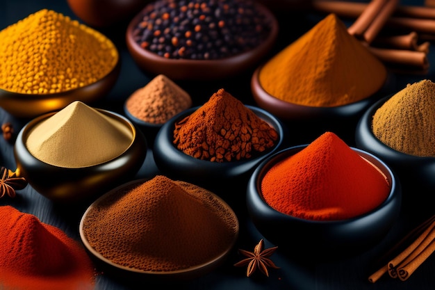 Free Photo a variety of spices are displayed in bowls and one of them is a star.