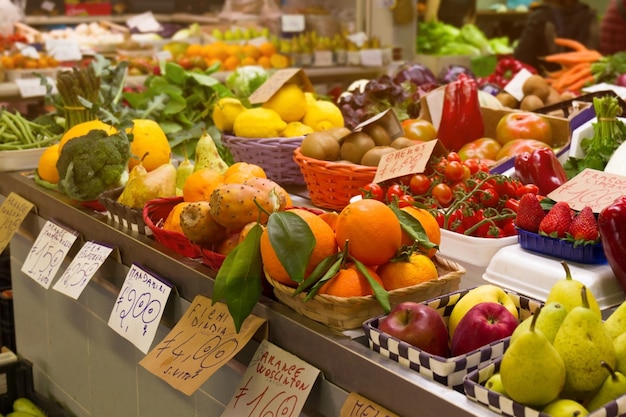 Free Photo variety of tasty natural fruits and vegetables in italian market. horizontal. selective focus.