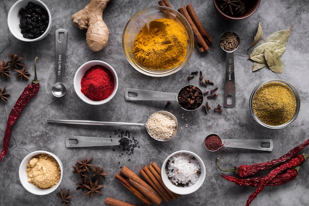 Various condiments in bowls