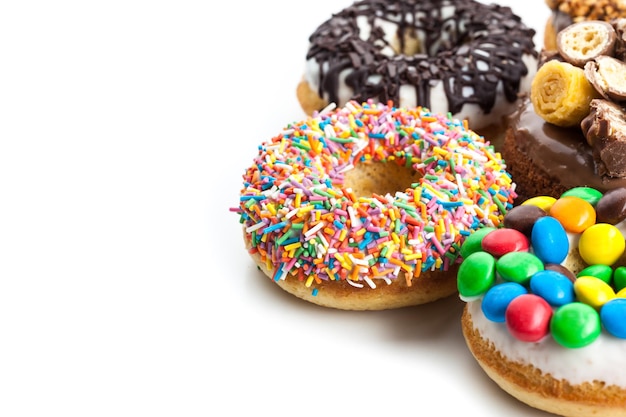 Various donuts on white background