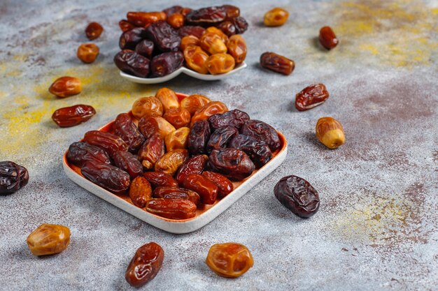 Various of dried dates or kurma.