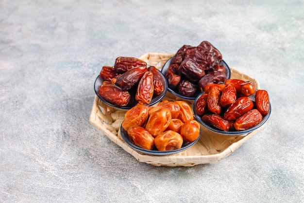 Various of dried dates or kurma.