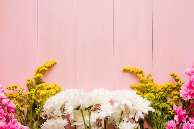 Various flowers on pink