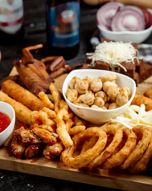 Various fried snacks on desk