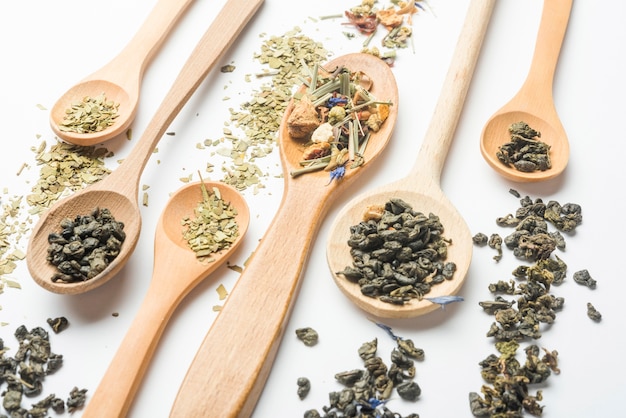 Various kinds of herbal tea in wooden spoons on white background