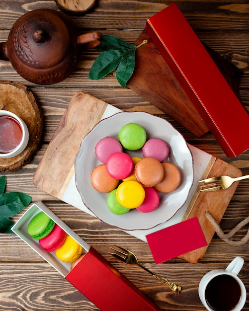 Free Photo various macarones on the table top view