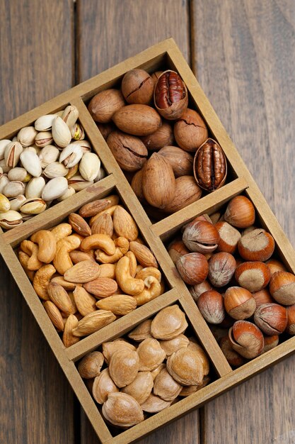 Various nuts in wooden box