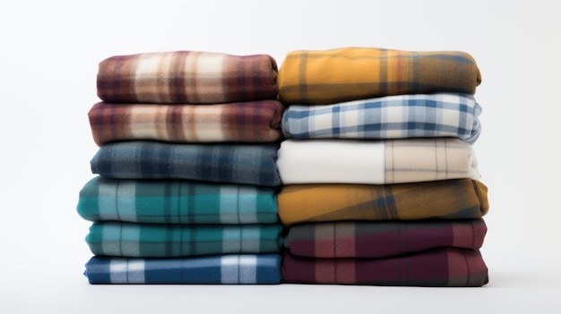 Free photo various piles of comfortable plaid pattern clothes isolated on white background