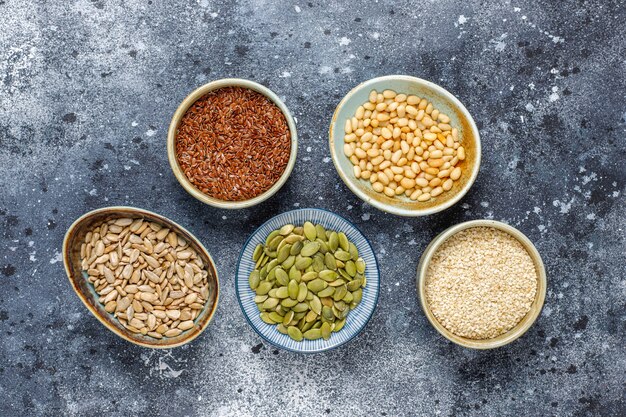 Various seeds - sesame, flax seed, sunflower seeds, pumpkin seeds for salads.