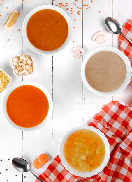 Free Photo various soups with mushroom tomato and lentil