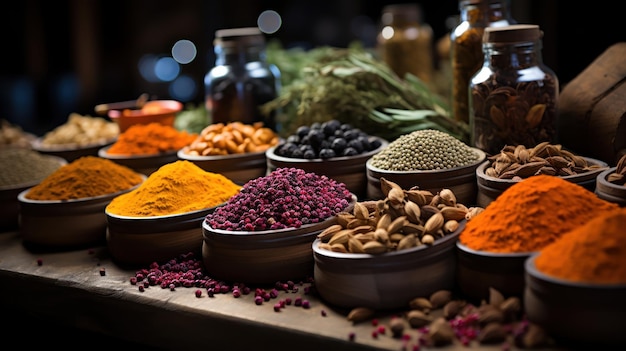 Free photo various spices and grains laid out on a marketplace table