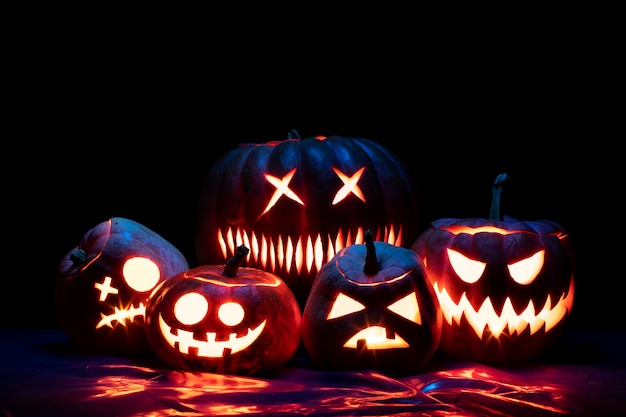 Various spooky halloween pumpkin carving