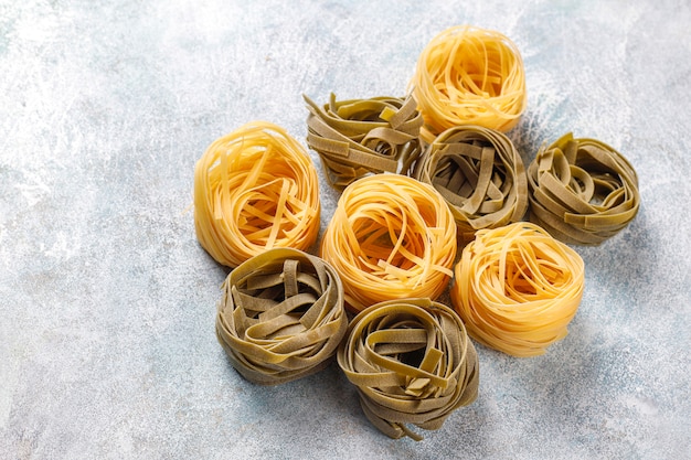 Various types of uncooked pasta.