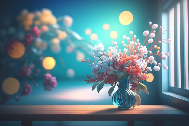 A vase of flowers on a table with a blue bokeh wall background