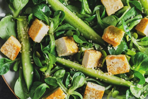 Vegan salad with tofu cucumber and sesame served on plate Closeup