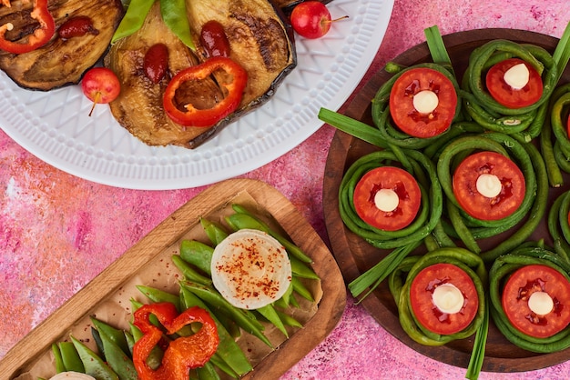 Free Photo vegetable and fruit salad on wooden boards.