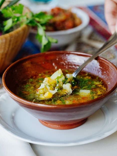 Vegetable soup with broth and herbs inside brown bowl.