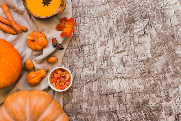 Free photo vegetables near soup and candied fruit