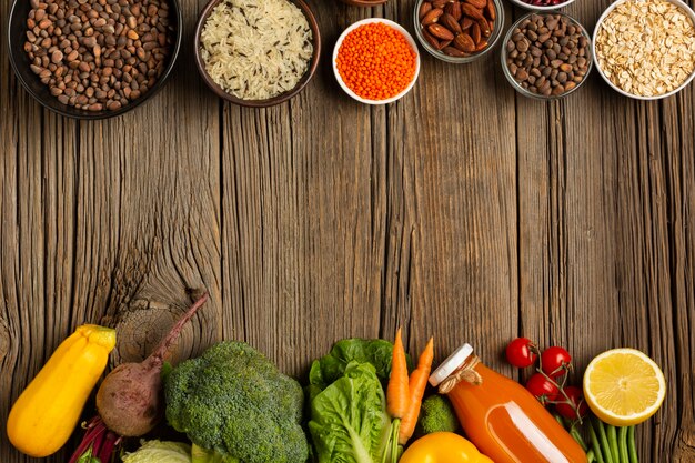 Vegetables and spices on wood table