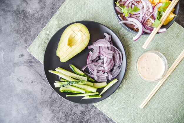 Vegetables with avocado plate 